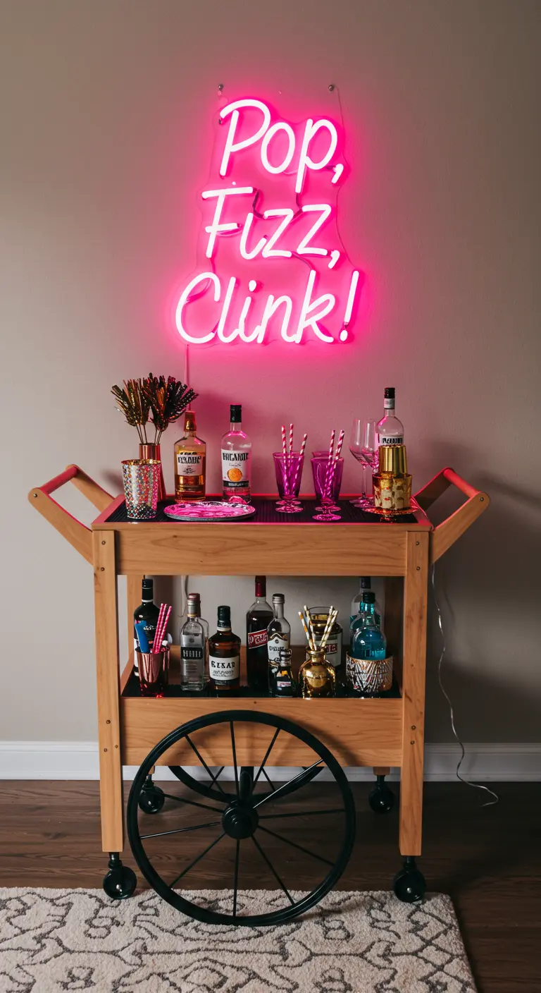 Holz-Servierwagen unter einem leuchtend pinken Neonschild mit dem Schriftzug „Pop, Fizz, Clink!“