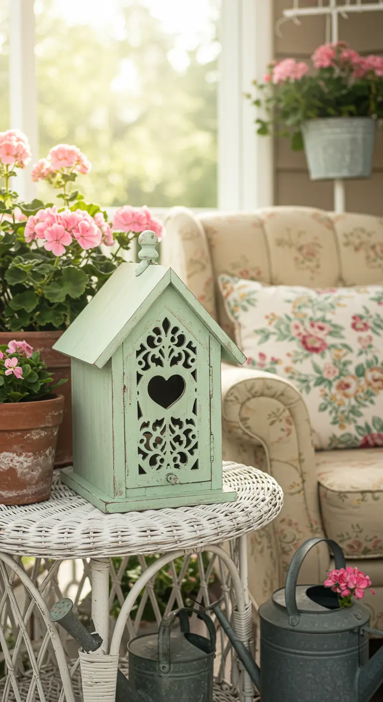 Mintgrünes Vogelhaus im Shabby-Chic-Stil mit filigranen weißen Gitterfenstern und einem Herz.
