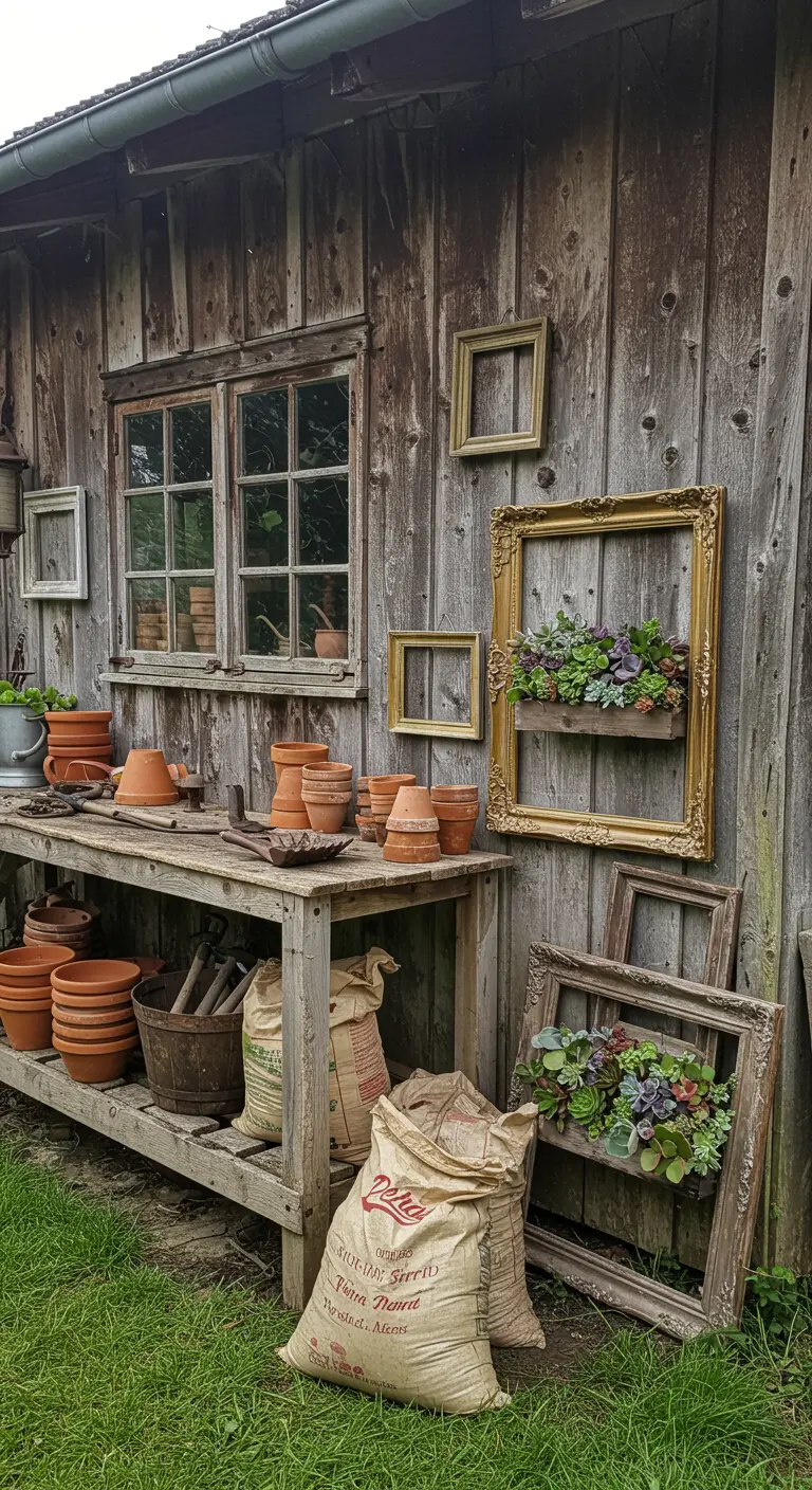 Alte goldene Bilderrahmen, teils bepflanzt, an einer rustikalen Holzhütte.