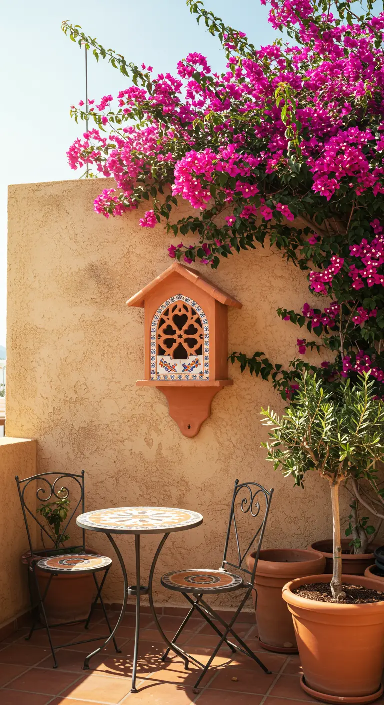 Terrakotta-Vogelhaus mit orientalischem Muster und Mosaikfliesen an einer sonnigen Wand.