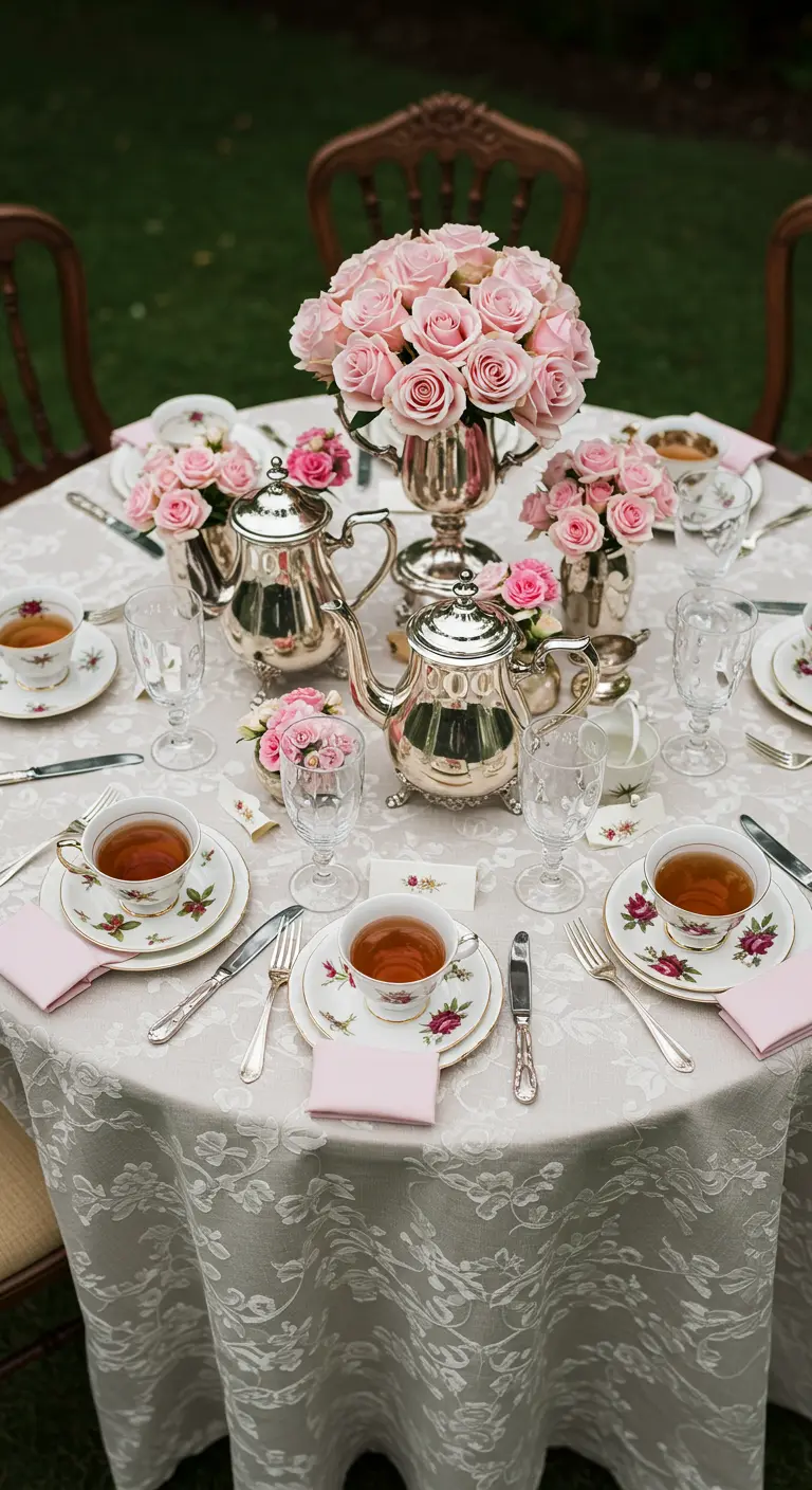 Elegant gedeckter Tisch mit silbernen Teekannen und rosa Rosen in Porzellantassen.