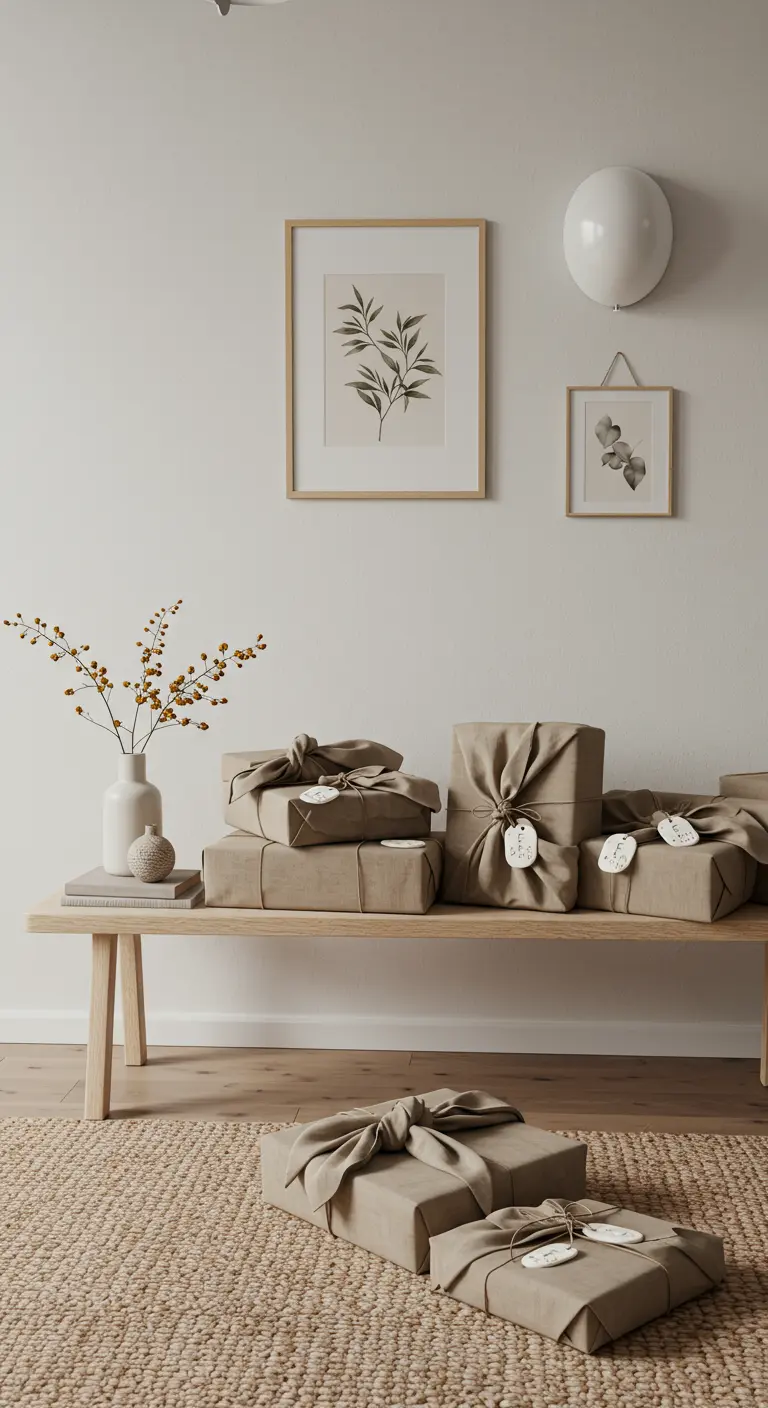 In beigefarbenes Leinen gewickelte Geschenke auf einer Holzbank im minimalistischen Stil.