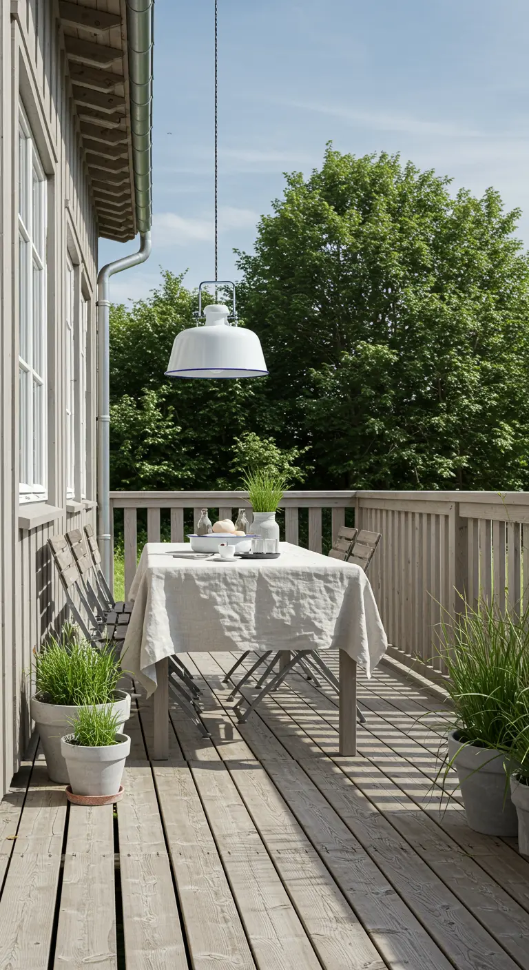 Eine große, weiße Emaille-Hängelampe über einem gedeckten Tisch auf einer Holzveranda.