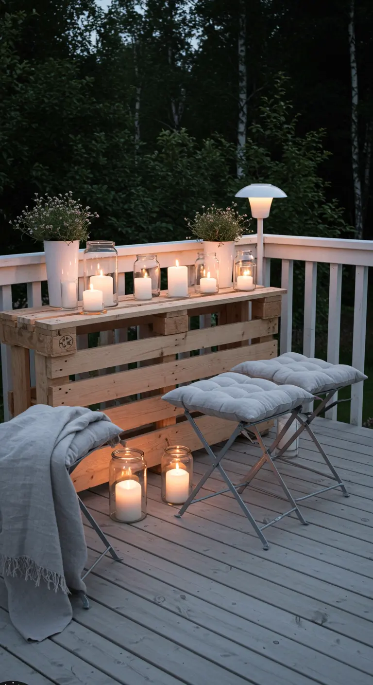 Unbehandelte Palettenbar auf einem Holzbalkon, dekoriert mit vielen Kerzen.