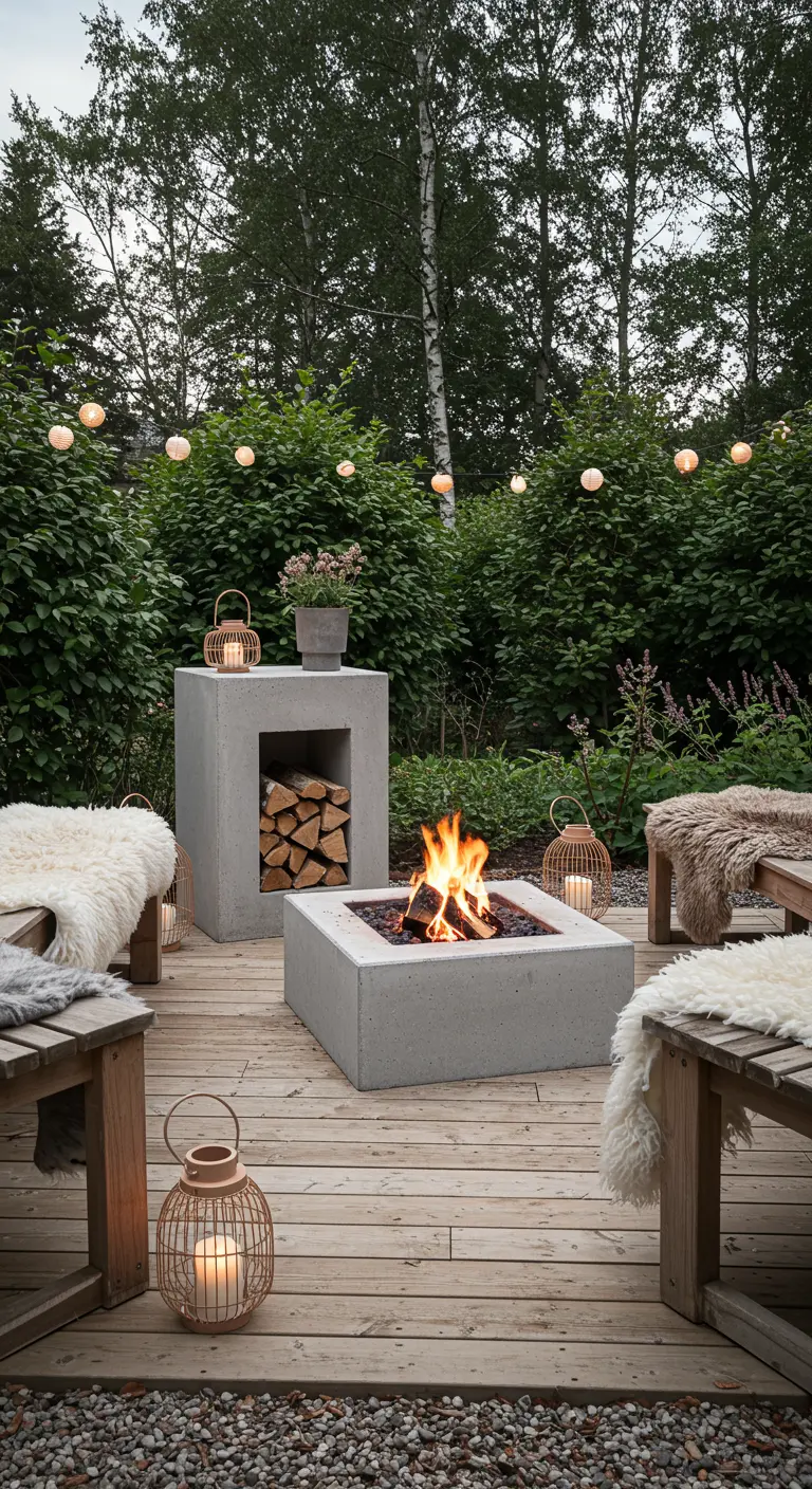 Quadratische Beton-Feuerstelle auf einer Holzterrasse mit Schaffellen und Laternen.