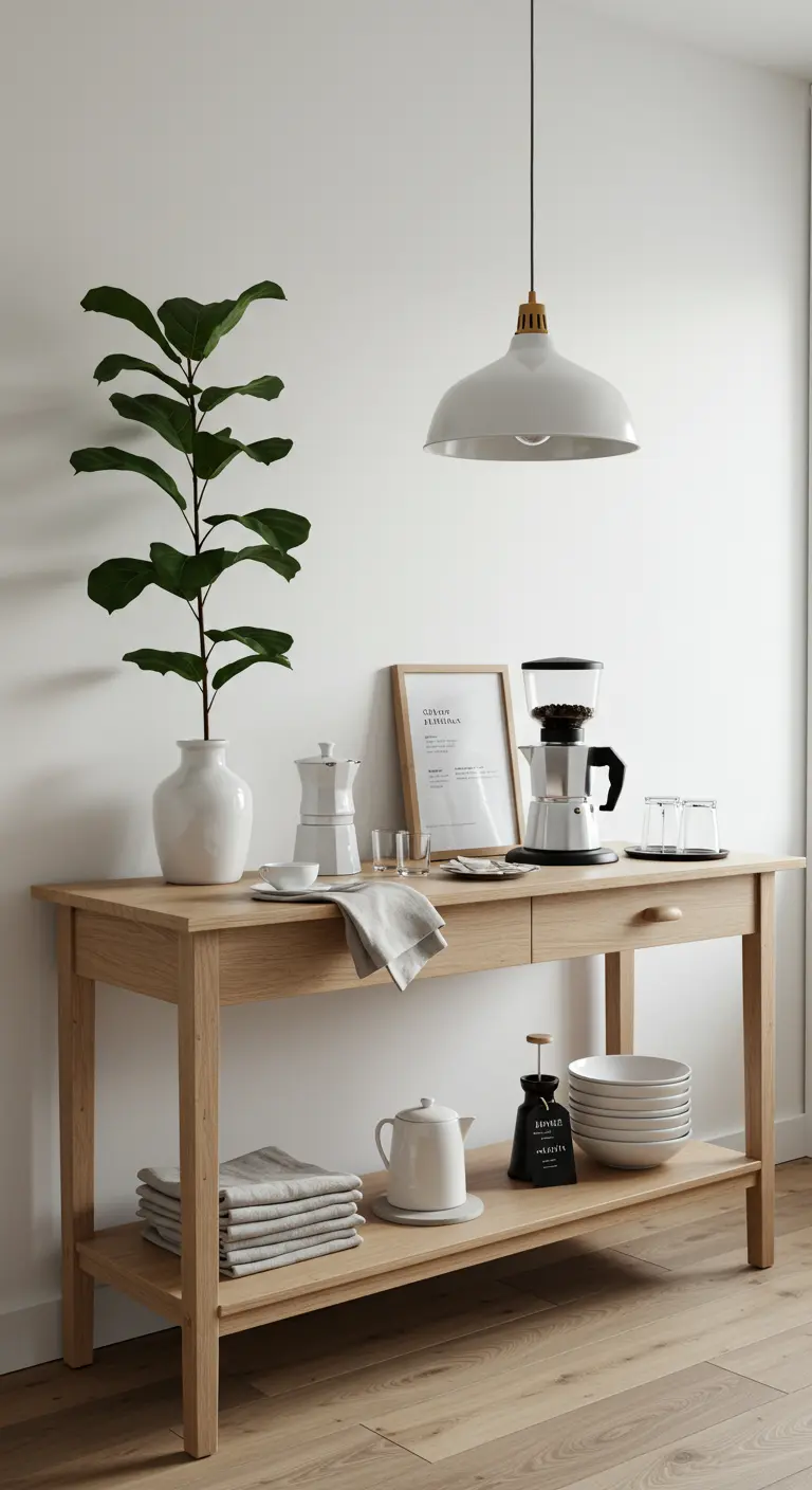 Minimalistische Kaffeestation auf einem Holztisch mit einer großen Zimmerpflanze und weißem Geschirr.