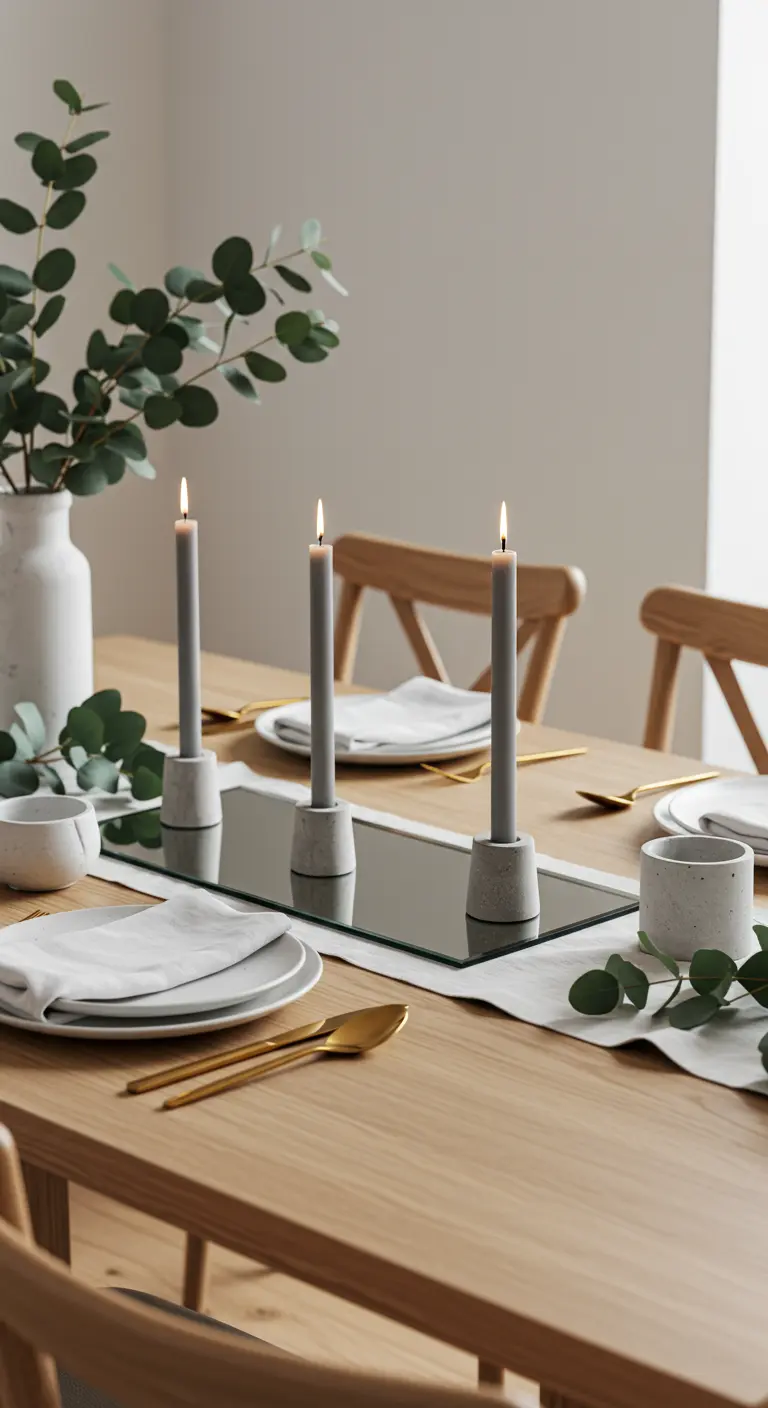 Drei graue Stabkerzen in Betonhaltern auf einem schmalen Spiegelläufer auf einem Holztisch