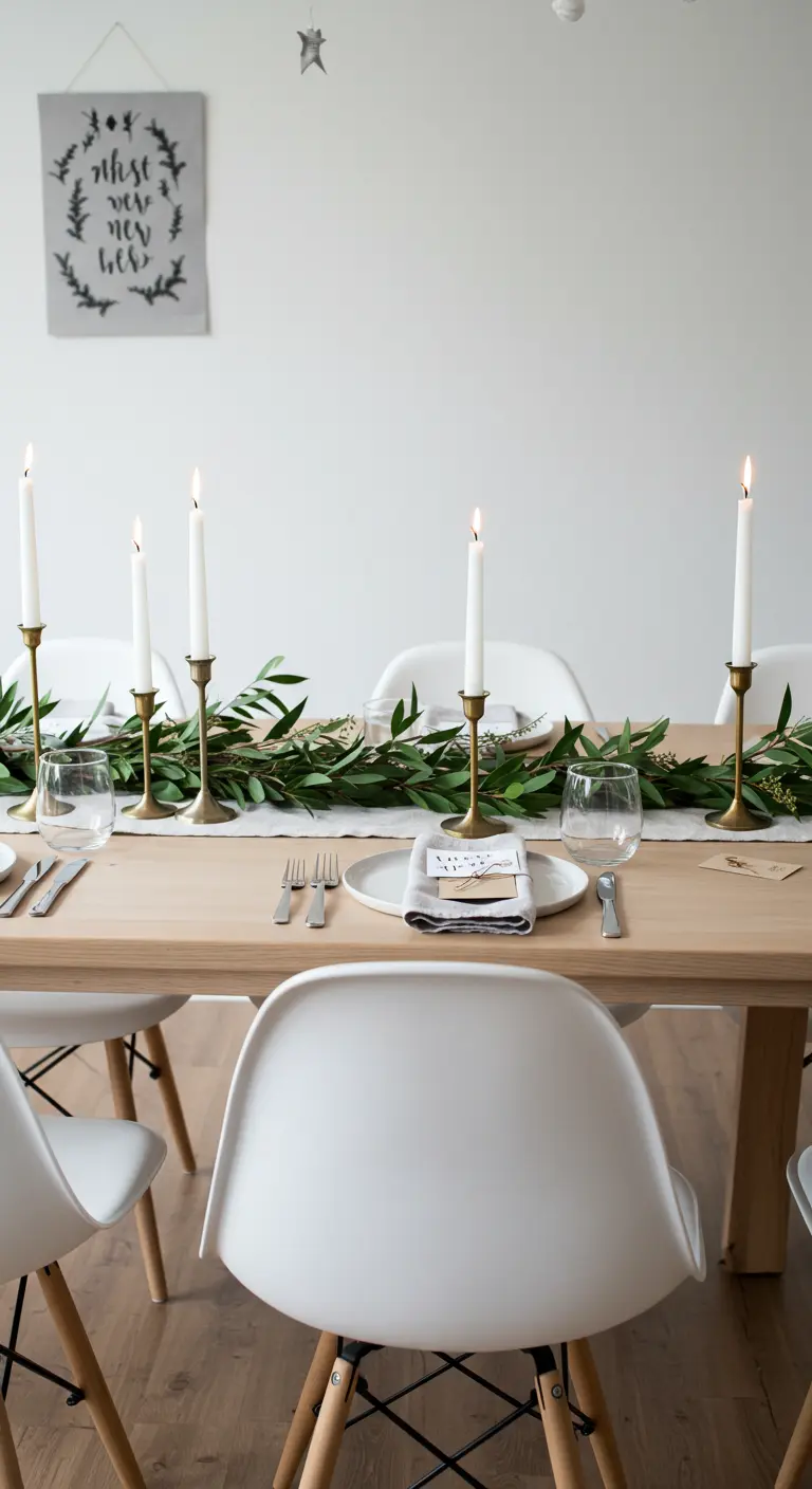 Minimalistisch gedeckter Holztisch mit Eukalyptus und schlichten Messing-Kerzenhaltern.