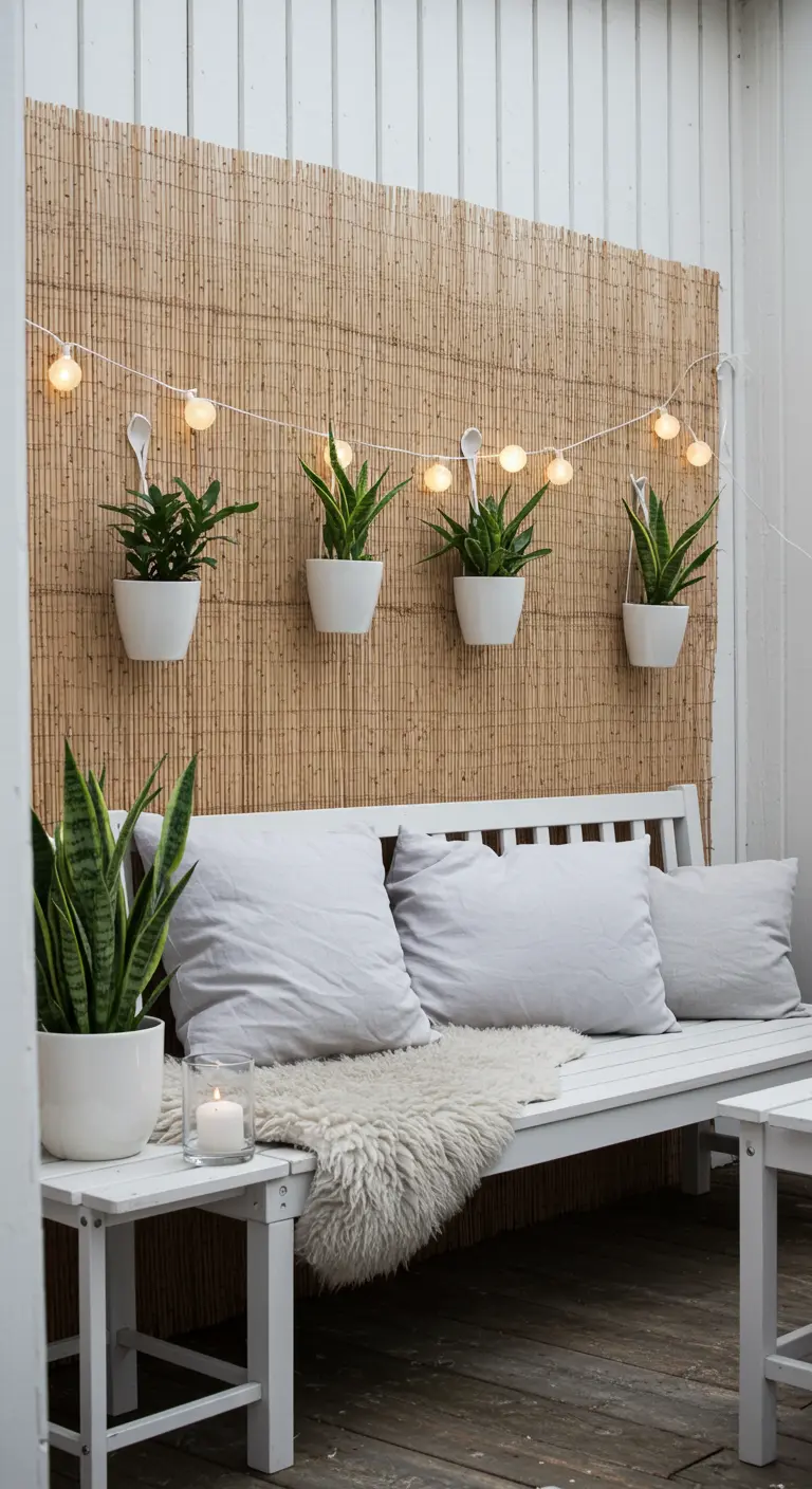 Weiß gestrichene Bank vor einer Bambuswand, dekoriert mit weißen Töpfen und Sansevieria-Pflanzen.