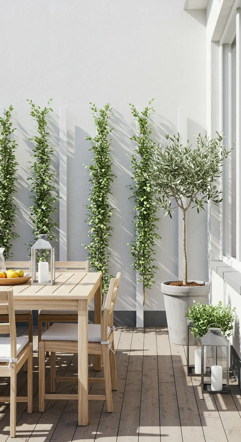 Heller Holzbalkon mit schmalen weißen Metallpfosten, an denen schlanke grüne Pflanzen emporranken.