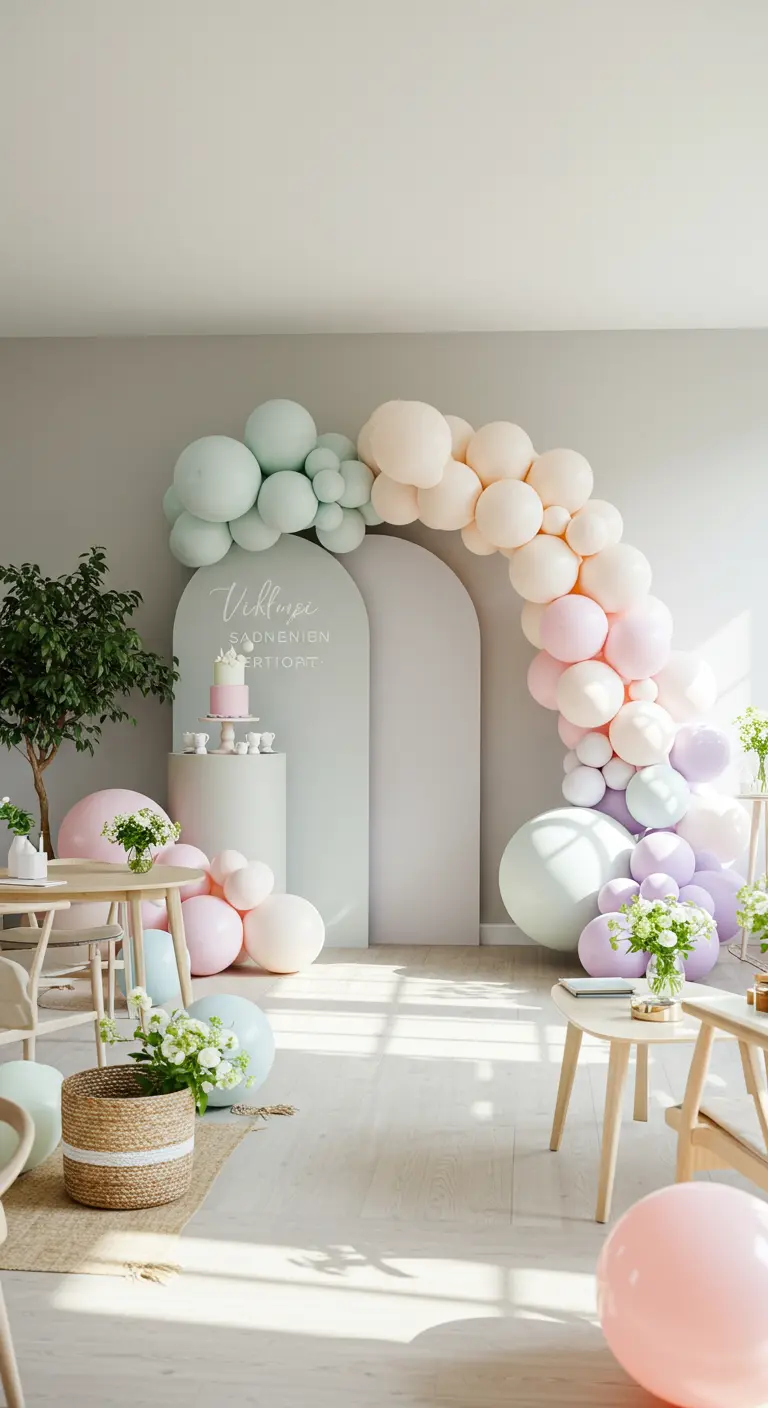 Asymmetrischer Ballonbogen in Salbei, Beige und Rosa in einem hellen, skandinavisch eingerichteten Raum.