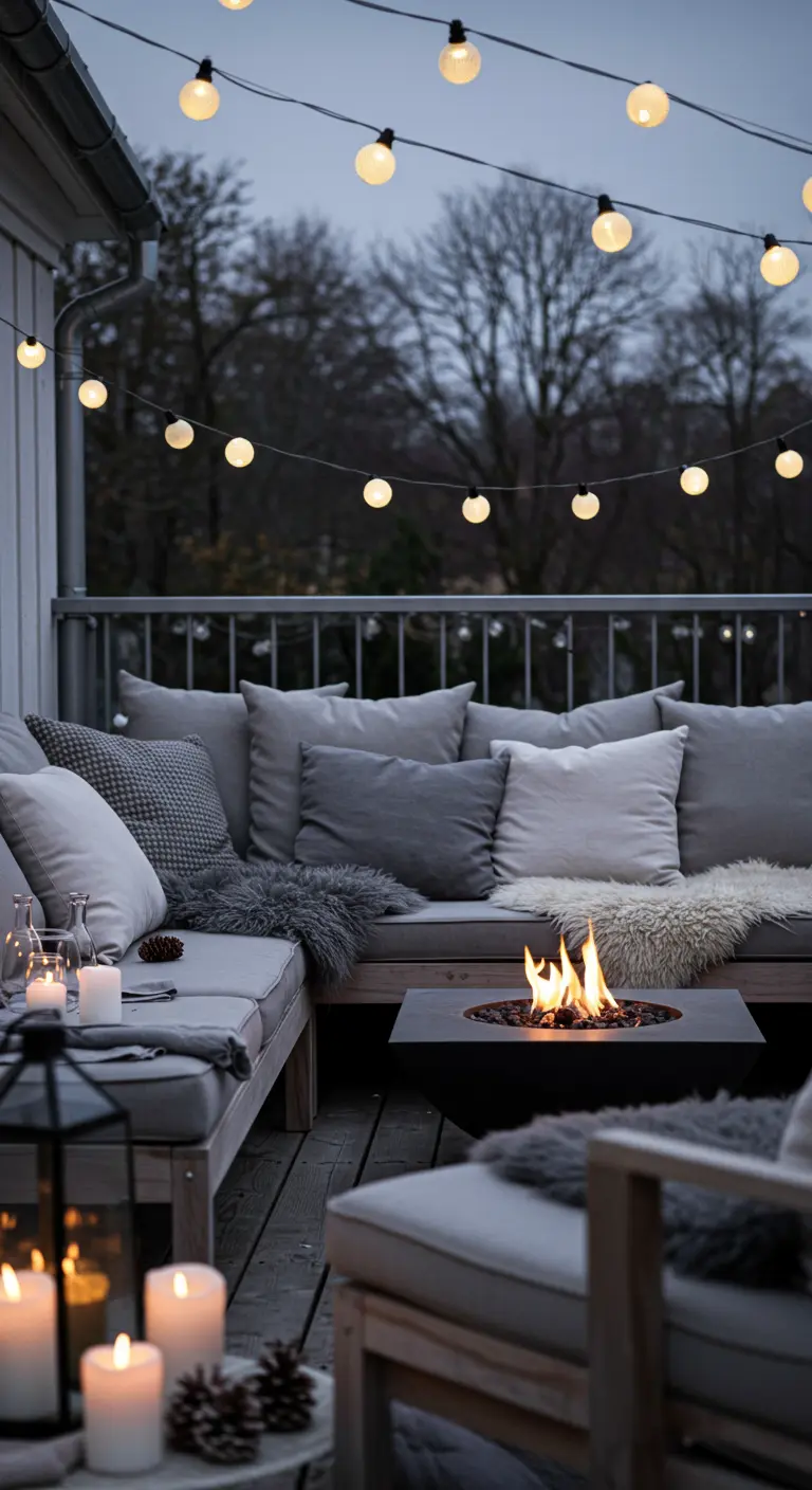 Moderne graue Lounge-Ecke mit Feuerstelle unter einer einzelnen Lichterkette