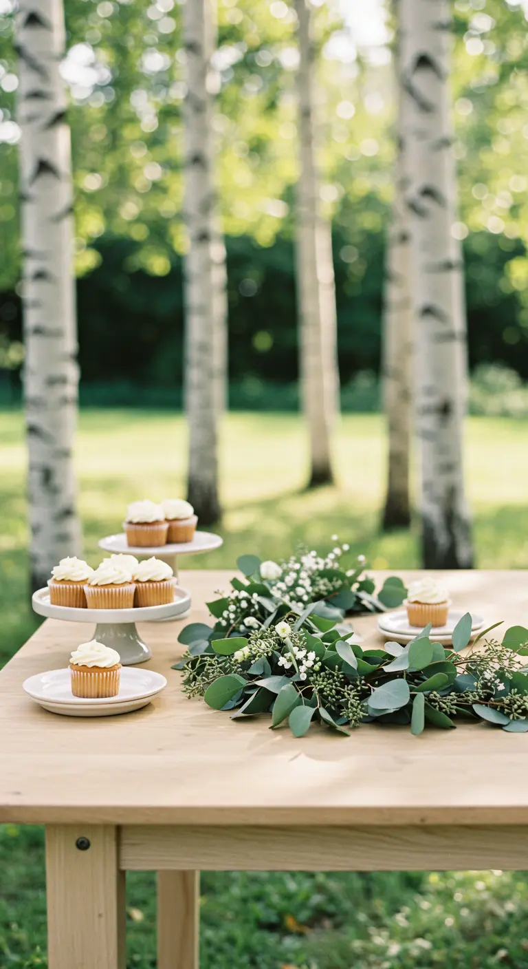 Minimalistischer Holztisch im Birkenwald mit Eukalyptus-Girlande und Cupcakes.