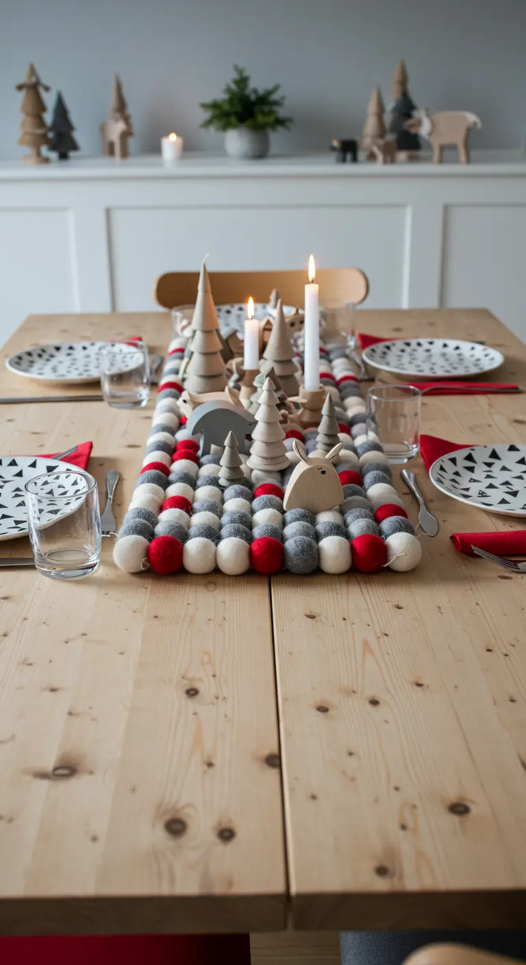 Verspielte Tischdeko mit Filzkugelläufer und kleinen Holzfiguren von Tieren und Bäumen.