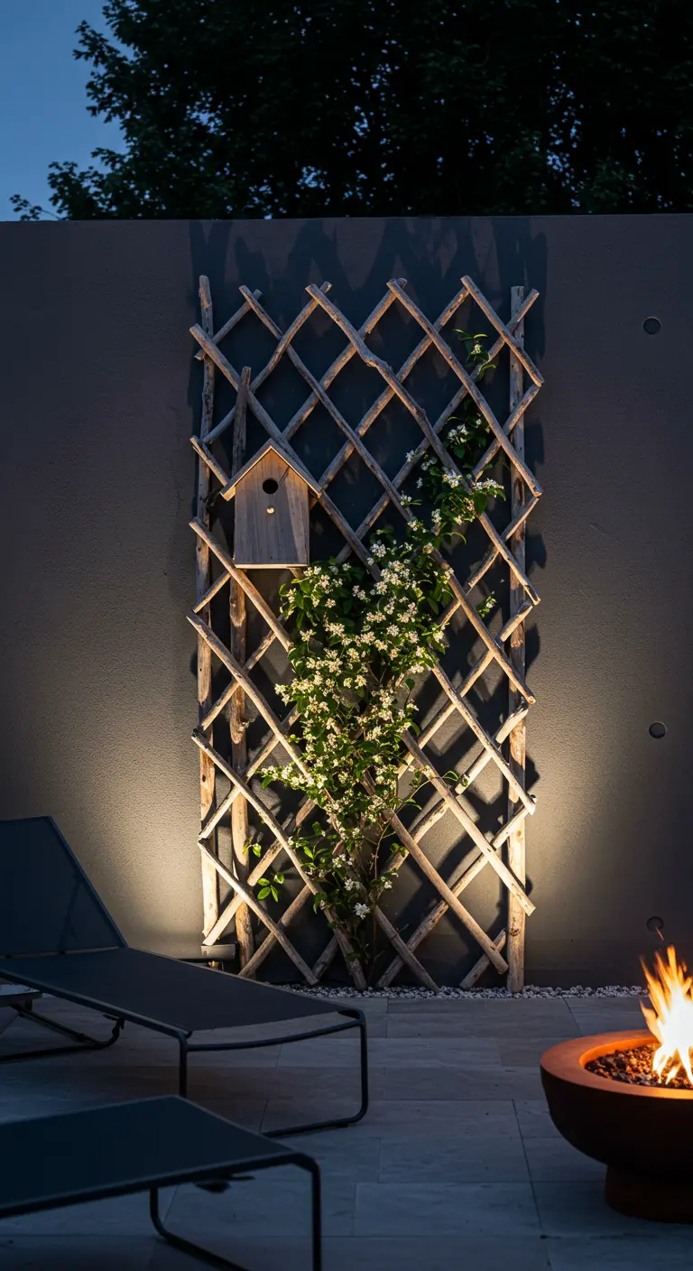Beleuchtete Treibholz-Rankhilfe mit weißen Blüten an einer modernen grauen Wand.