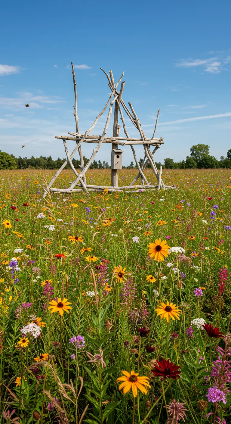 Tipi-förmige Treibholz-Skulptur mit Vogelhaus inmitten einer bunten Wildblumenwiese.