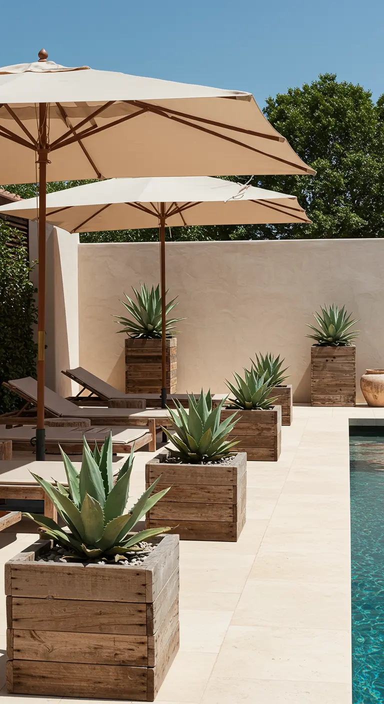 Große Agaven in quadratischen Holzkisten säumen einen Poolbereich.
