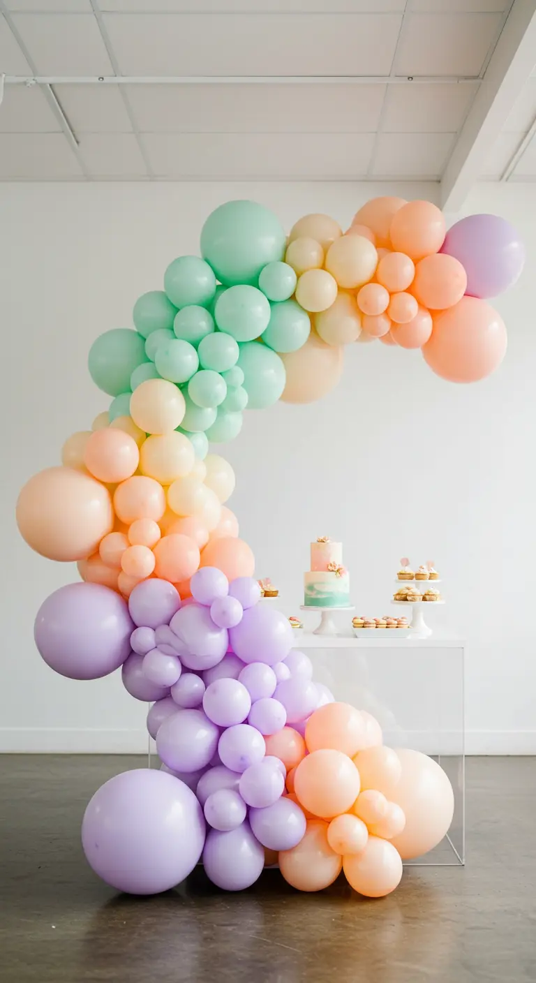Moderne, asymmetrische Ballonskulptur in Pastellfarben, die einen minimalistischen Acryl-Tisch umrahmt.