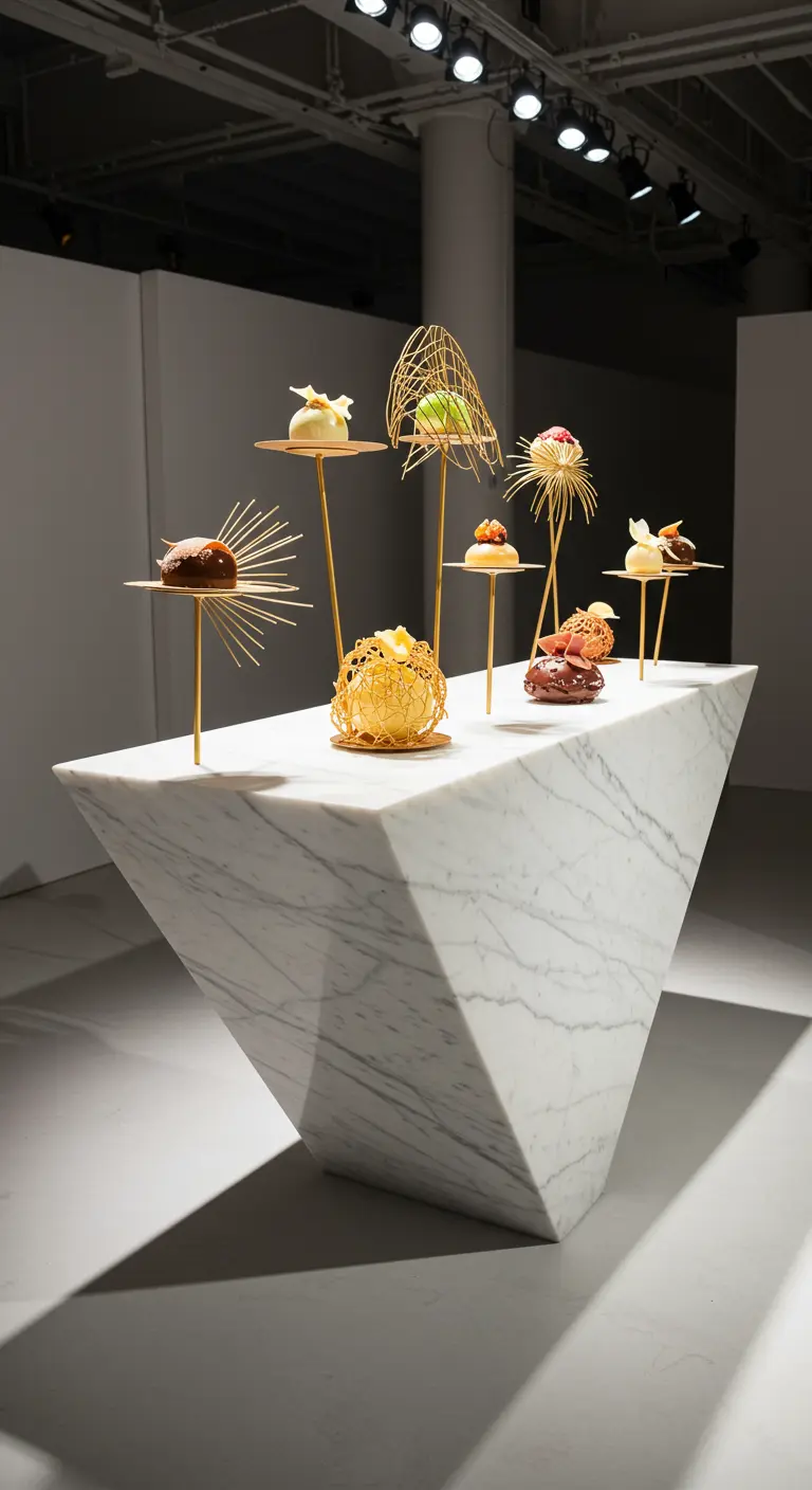 Skulpturaler Marmorblock mit einzeln präsentierten Desserts auf hohen Goldständern