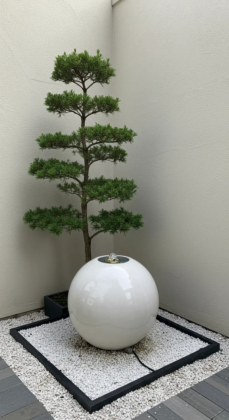 Ein minimalistischer Brunnen mit einer weißen Kugel in einer Ecke mit weißem Kies.