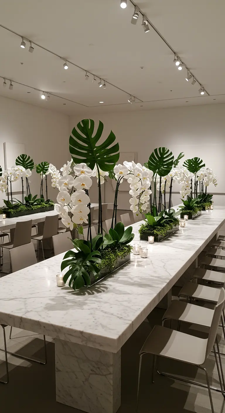 Eine Reihe von weißen Orchideen und Monstera-Blättern auf einer langen, weißen Marmortafel.