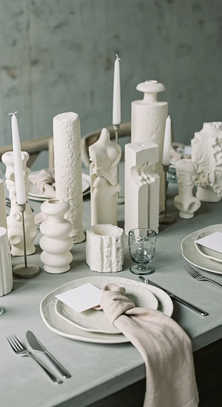 Modern gedeckter Tisch mit einer Ansammlung von abstrakten weißen Keramikvasen und Skulpturen.
