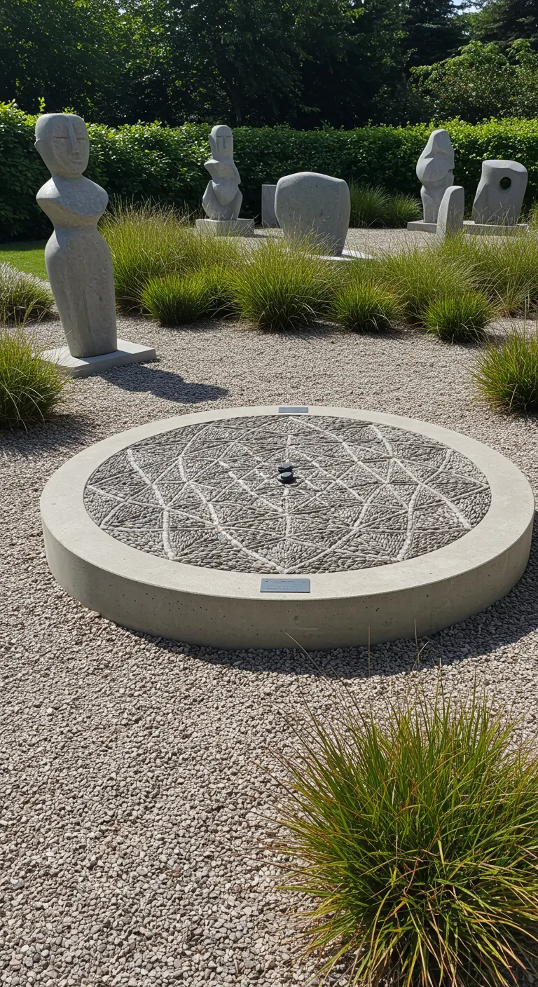 Ein komplexes Kiesel-Mosaik-Mandala in einem runden Betonrahmen, umgeben von Ziergräsern.