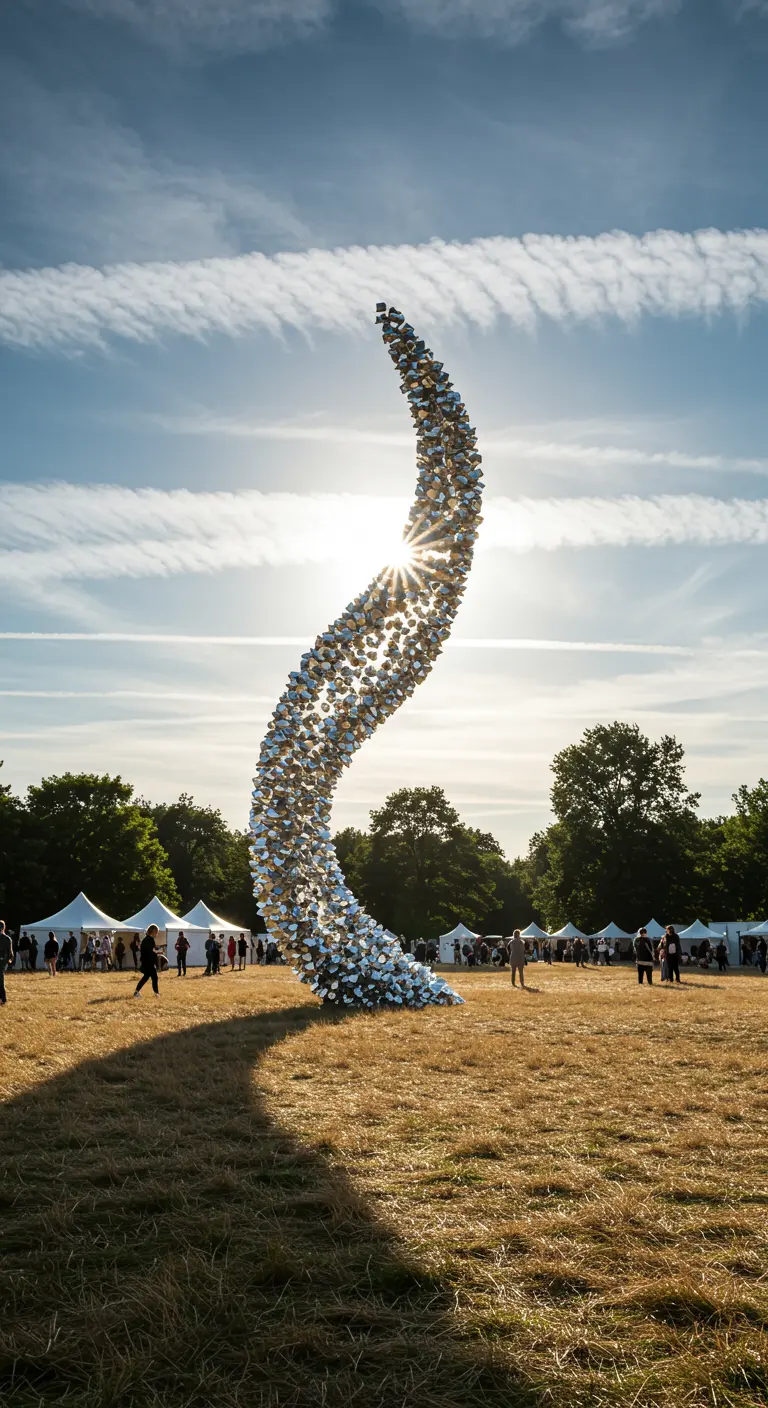 Hohe, geschwungene Skulptur aus hunderten silbernen Lampions unter blauem Himmel.
