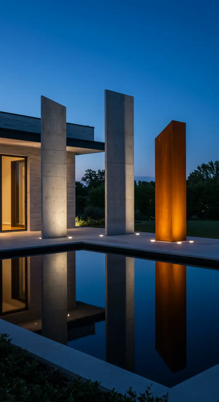 Drei hohe Beton- und Roststahl-Stelen am Rand eines Pools bei Nacht, die sich im Wasser spiegeln.