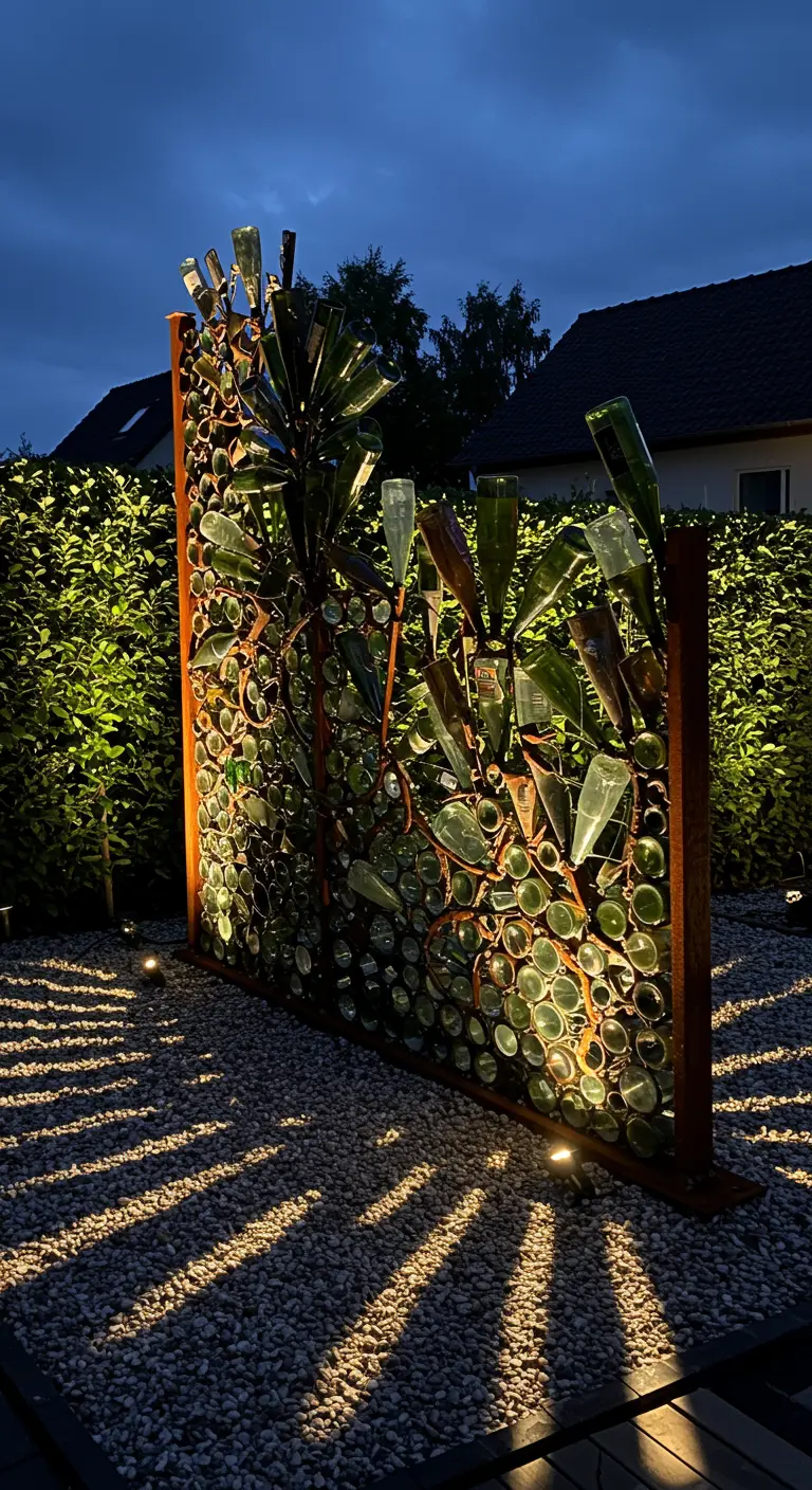 Eine kunstvolle Gartenskulptur aus rostigem Stahl und grünen Glasflaschen, die nachts beleuchtet wird.