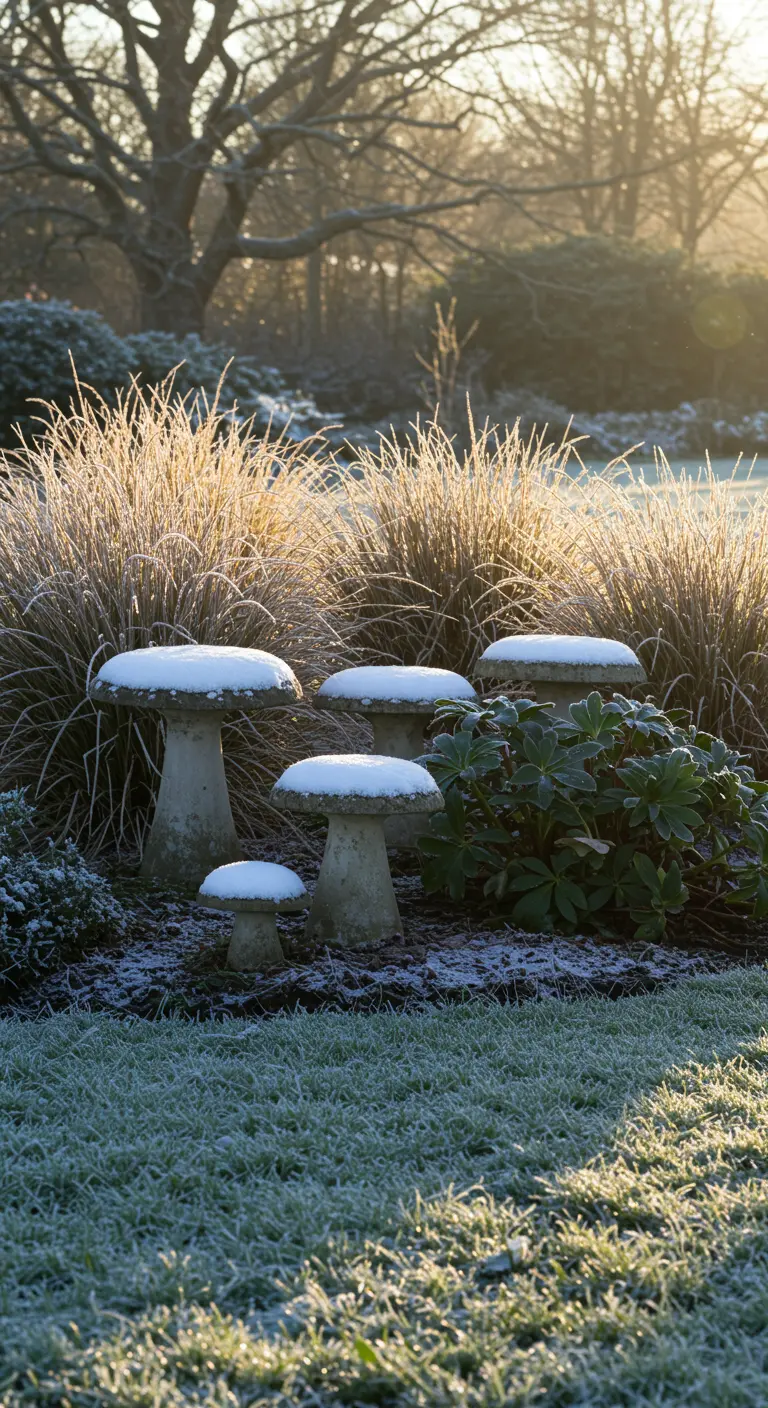 Eine Gruppe von Beton-Pilzhockern mit einer leichten Schneedecke in einem winterlichen Garten.