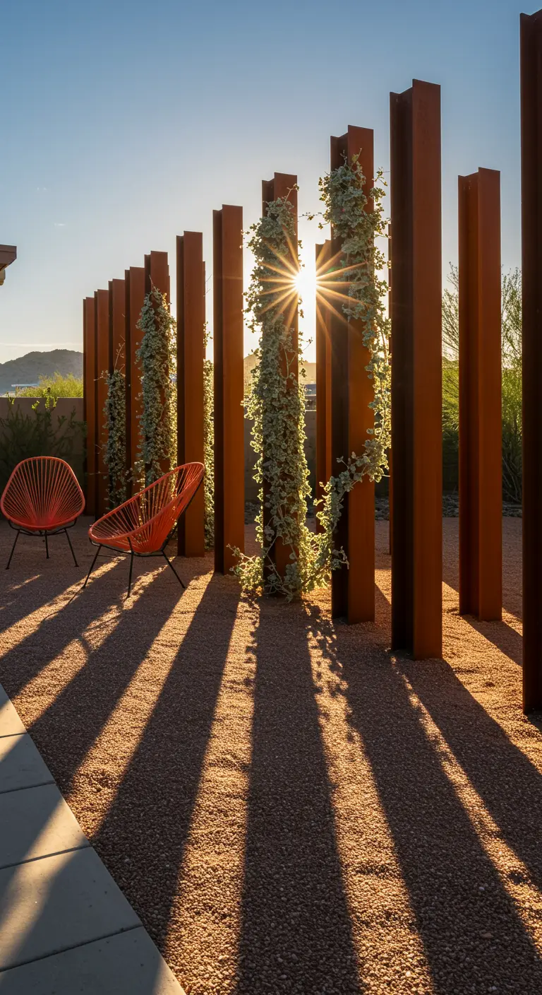 Rostrote Metallsäulen in einer Reihe, die bei Sonnenuntergang lange Schatten auf einen Kiesweg werfen.