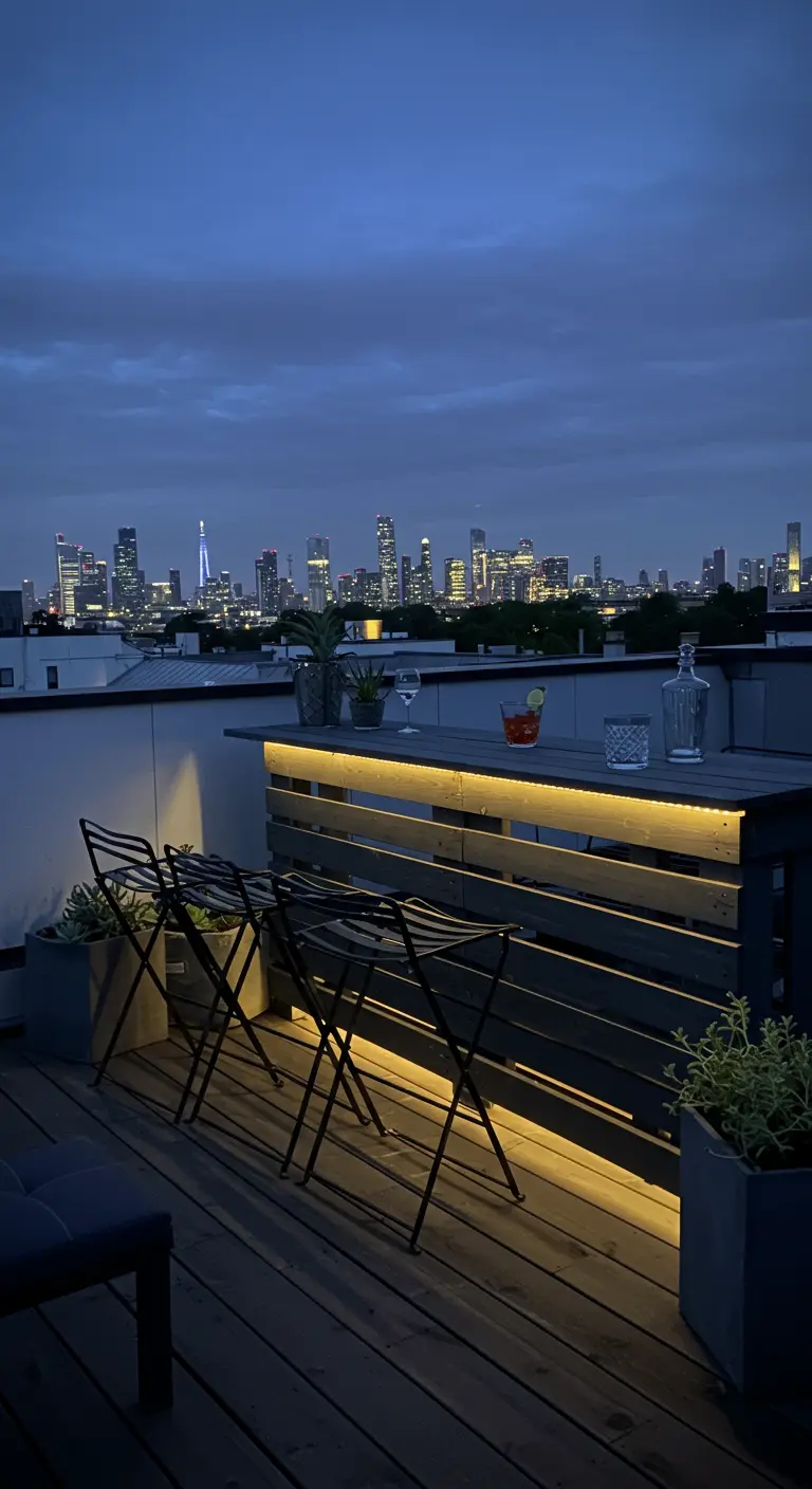 Moderne schwarze Palettenbar auf einer Dachterrasse mit Blick auf eine Skyline.
