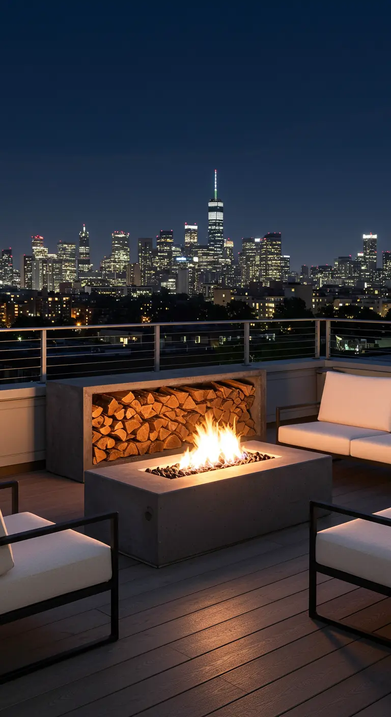 Rechteckige Beton-Feuerstelle mit Holzfach auf einer Dachterrasse mit Stadtblick.