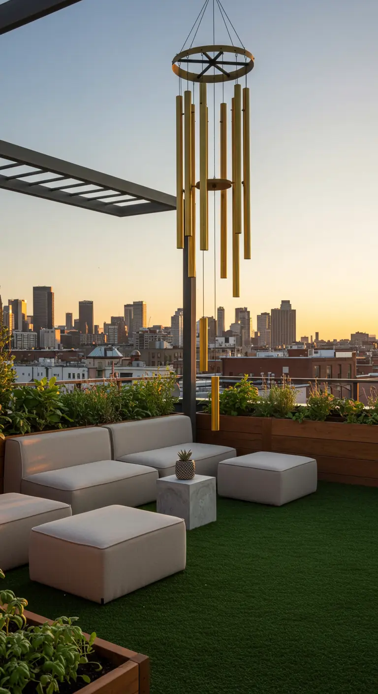 Großes, modernes Windspiel aus goldenen Röhren auf einer Dachterrasse mit Stadtblick.