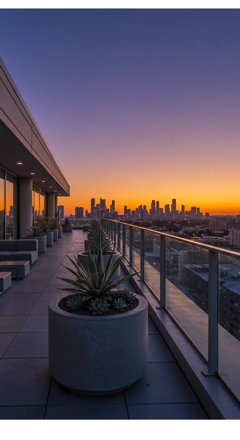 Großer Betonpflanzkübel mit Agaven auf einer Dachterrasse mit Blick auf die Skyline bei Sonnenuntergang.