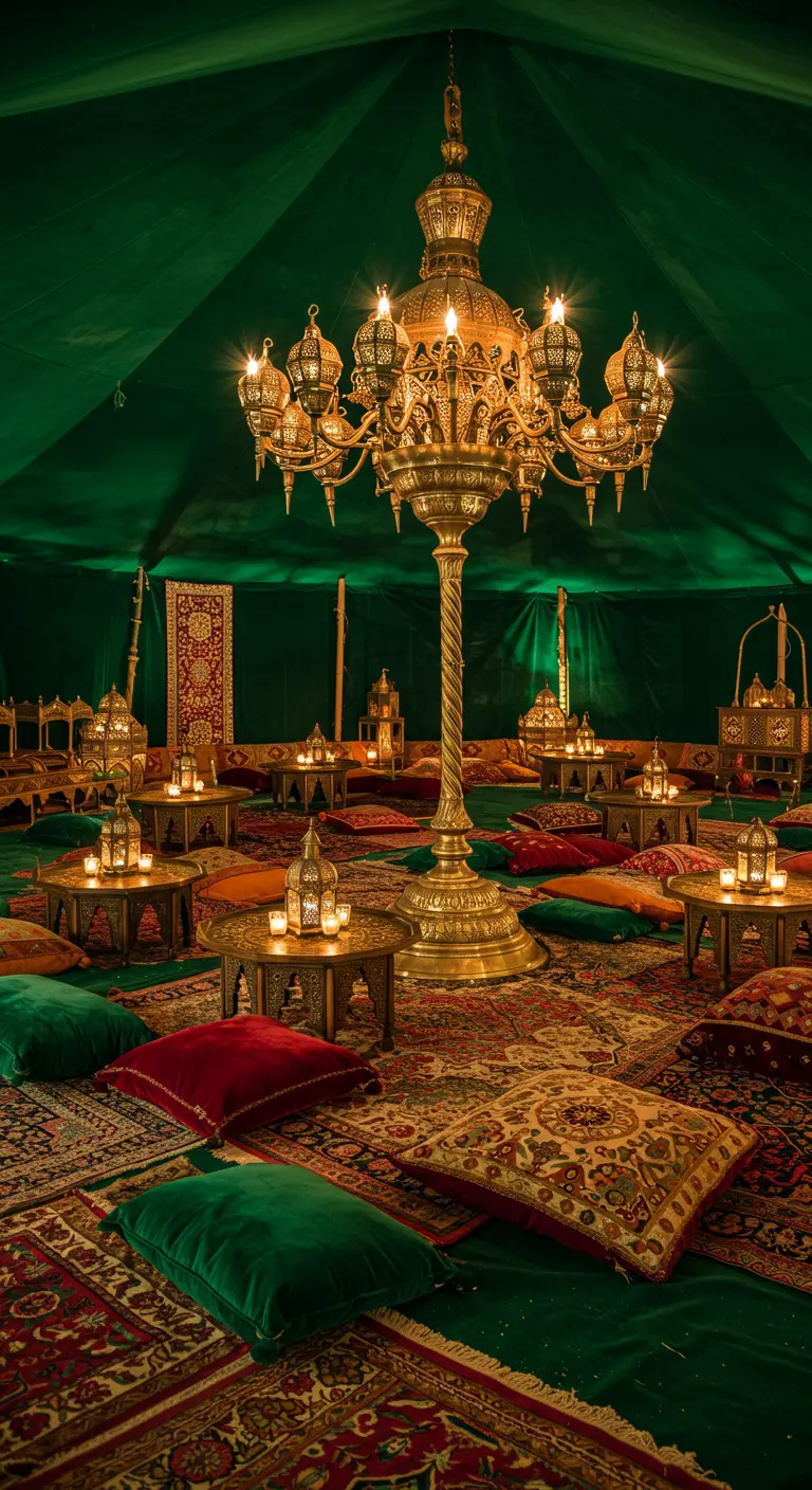 Opulentes grünes Zelt mit einem riesigen goldenen Kronleuchter und roten Teppichen.