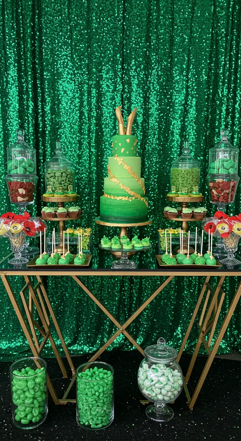 Grüne Torte mit goldenen Akzenten vor einem smaragdgrünen Paillettenvorhang.