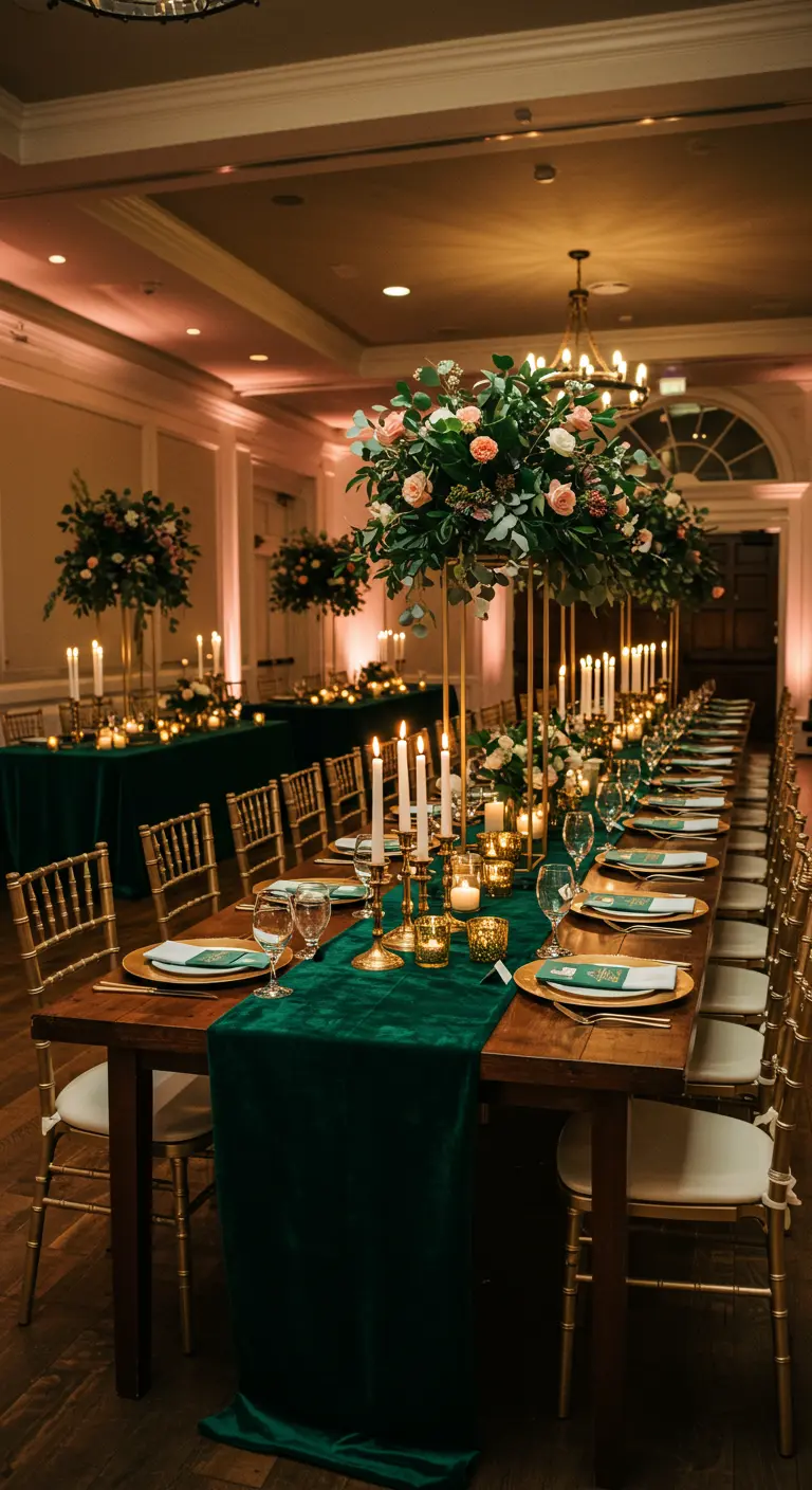 Lange Festtafel mit smaragdgrünem Samtläufer, goldenen Stühlen und hohen Blumenarrangements