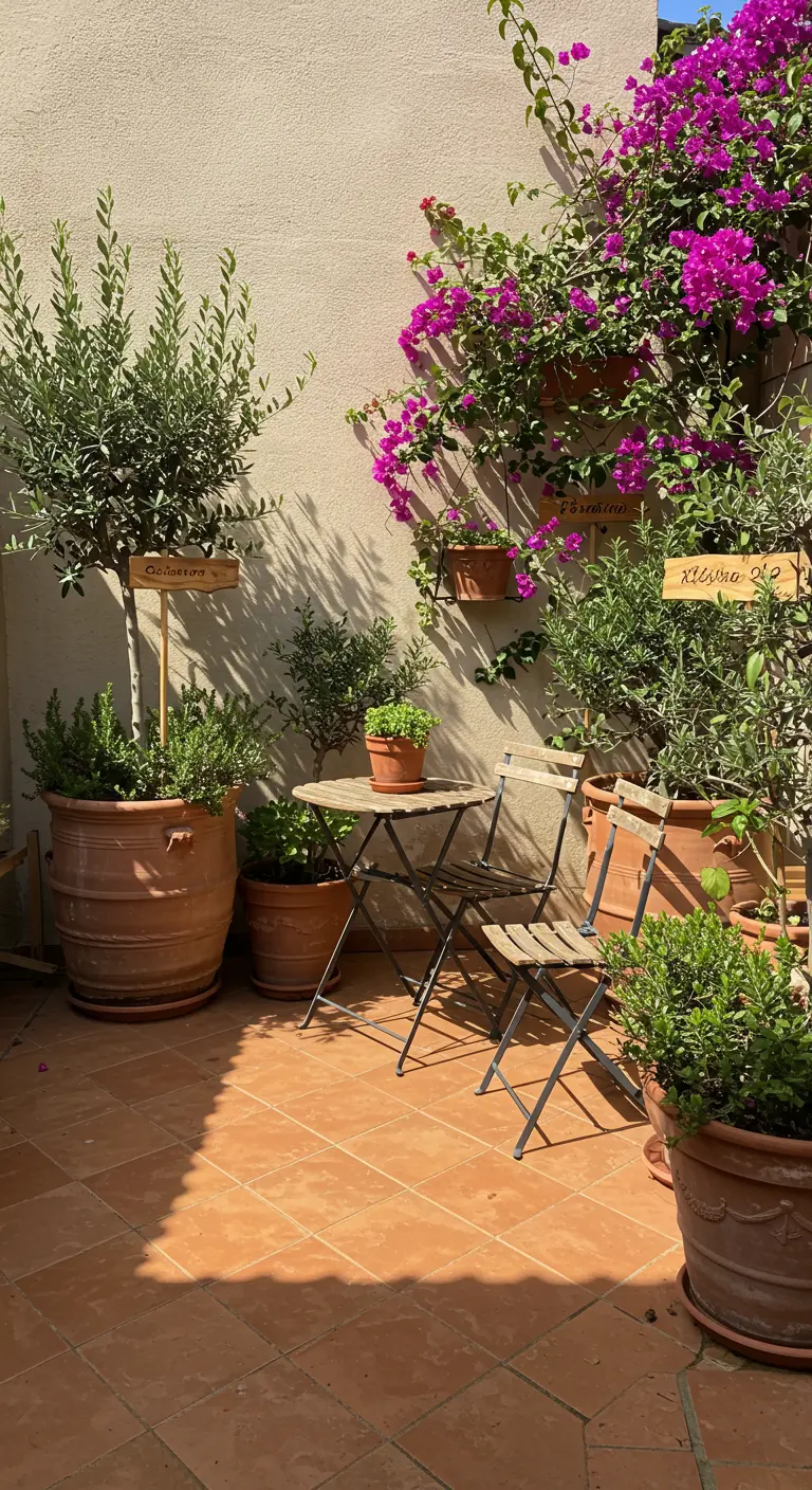 Holzschilder in Terrakottatöpfen auf einer sonnigen, mediterranen Terrasse.