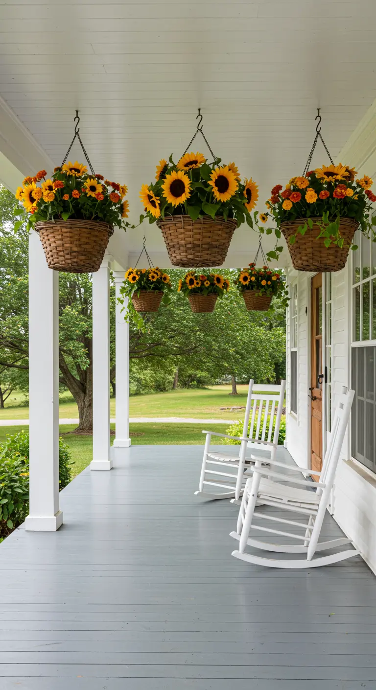 Hängekörbe mit leuchtenden Sonnenblumen auf einer weißen Veranda mit Schaukelstühlen.