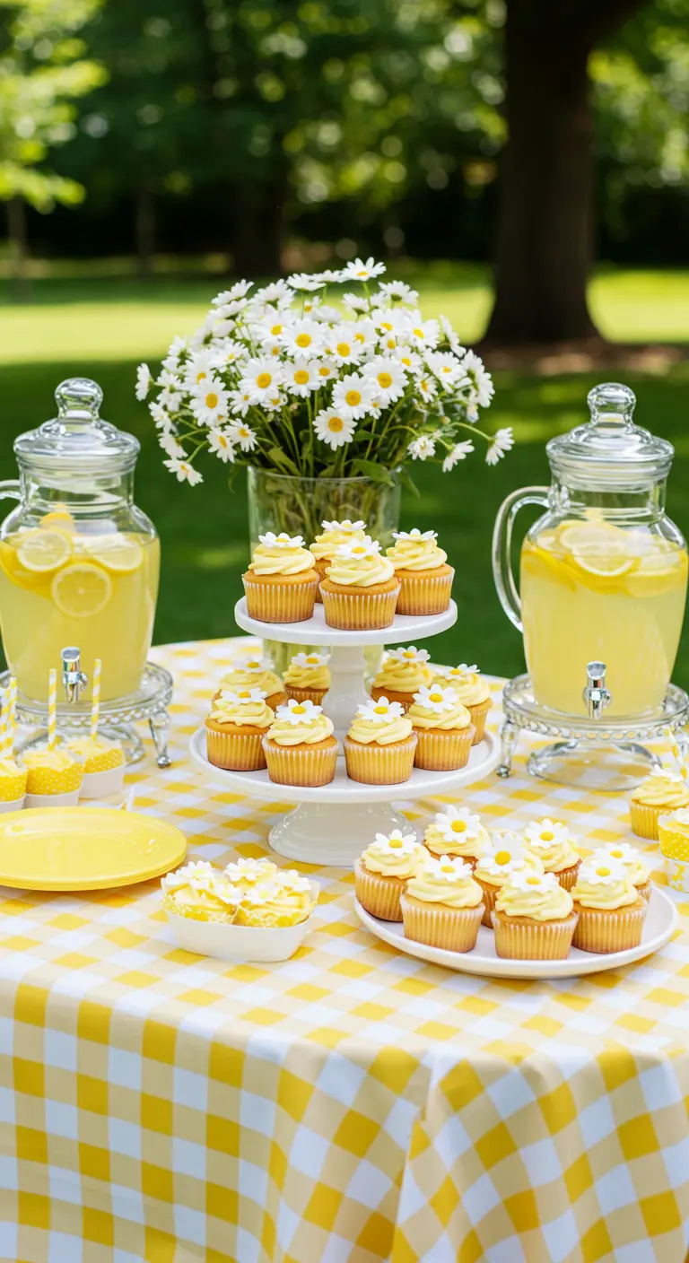 Sommertisch mit gelb-weiß karierter Decke, Limonade und Gänseblümchen-Cupcakes.