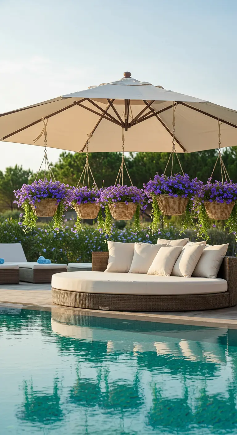 Weidenkörbe mit lila Blumen hängen an den Streben eines großen Sonnenschirms neben einem Pool.
