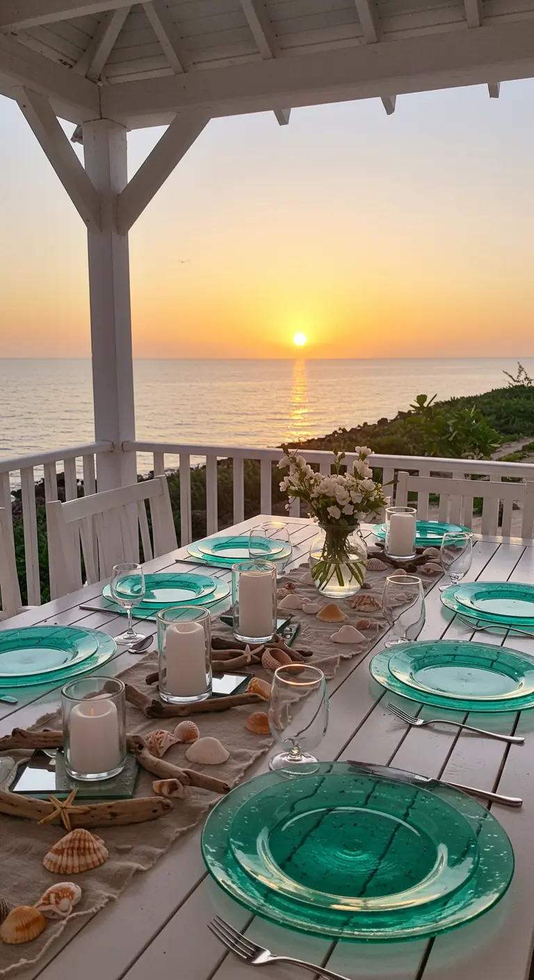 Gedeckter Tisch am Meer mit türkisfarbenem Geschirr, Kerzen und Muscheln auf Spiegeln