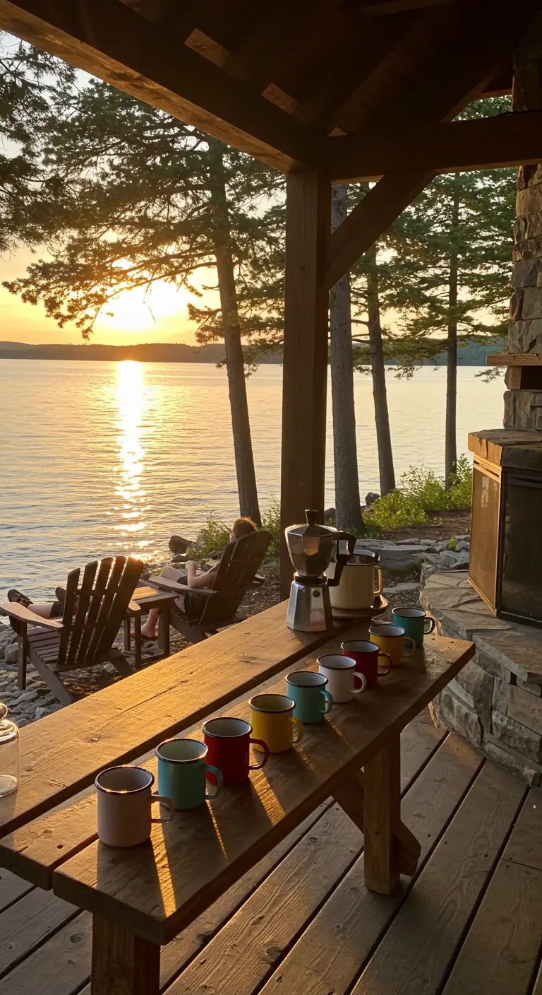 Langer Holztisch mit bunten Tassen auf einer Veranda mit Blick auf den Sonnenuntergang am See.