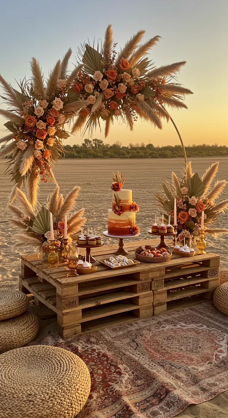 Torte in Sonnenuntergangsfarben auf einem Palettentisch am Strand bei Sonnenuntergang.