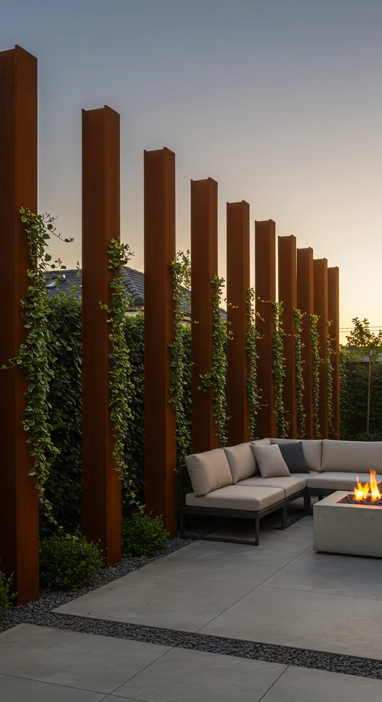 Hohe, rostige Metallsäulen als Sichtschutz, an denen Efeu rankt, neben einem modernen Loungesofa.
