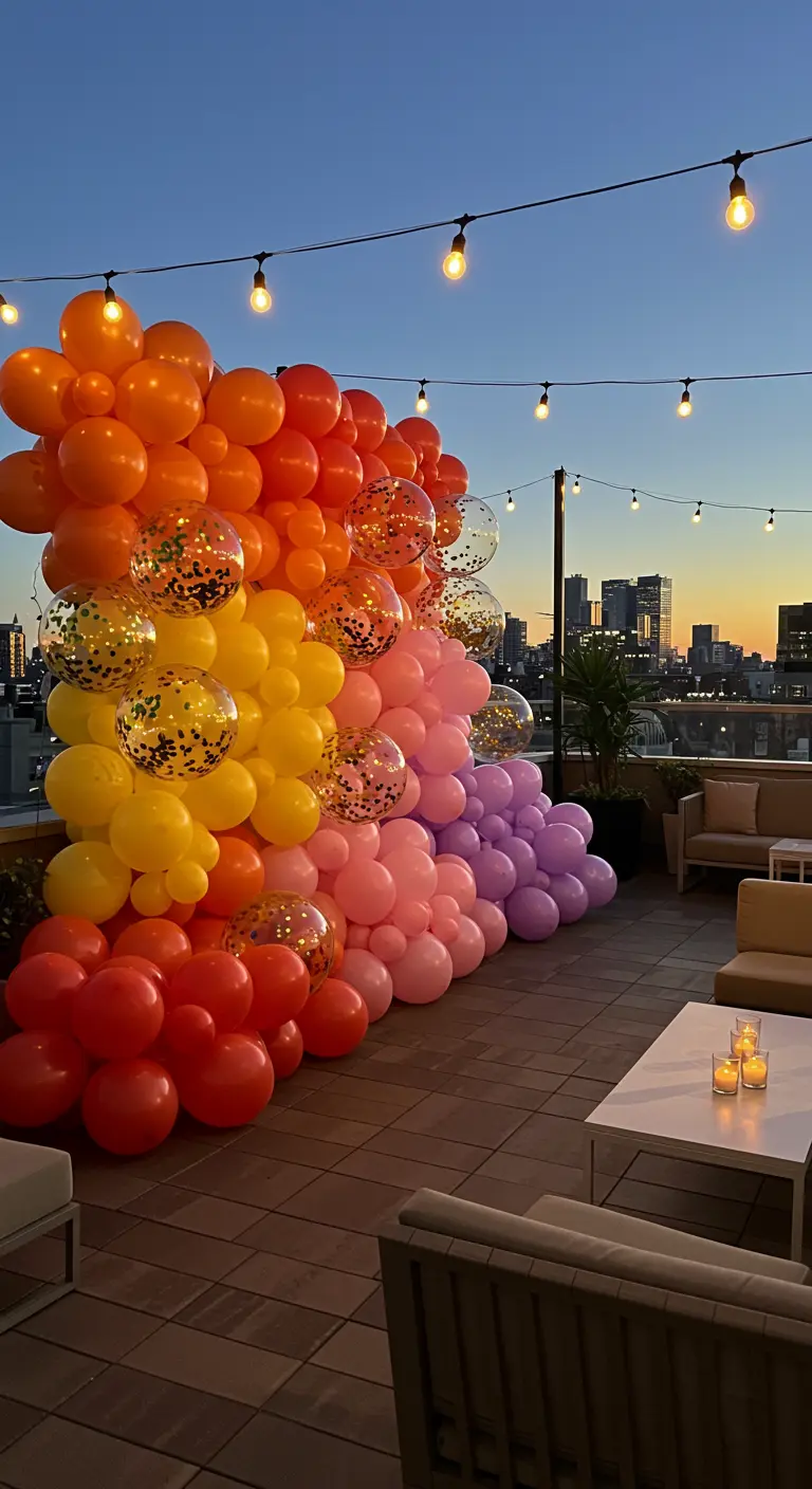Farbverlauf-Ballonwand auf einer Dachterrasse, die einen Sonnenuntergang nachahmt