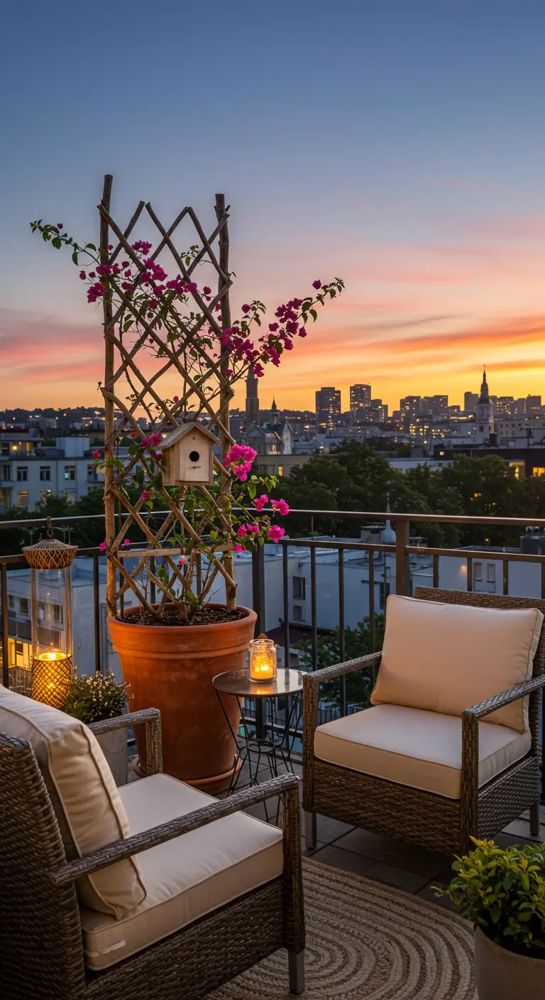 Treibholz-Spalier mit pinker Bougainvillea in einem Topf auf einem Stadtbalkon.