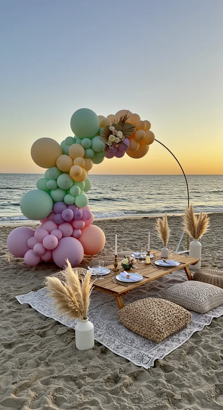 Pastellfarbener Ballonbogen über einem Picknicktisch am Strand bei Sonnenuntergang.